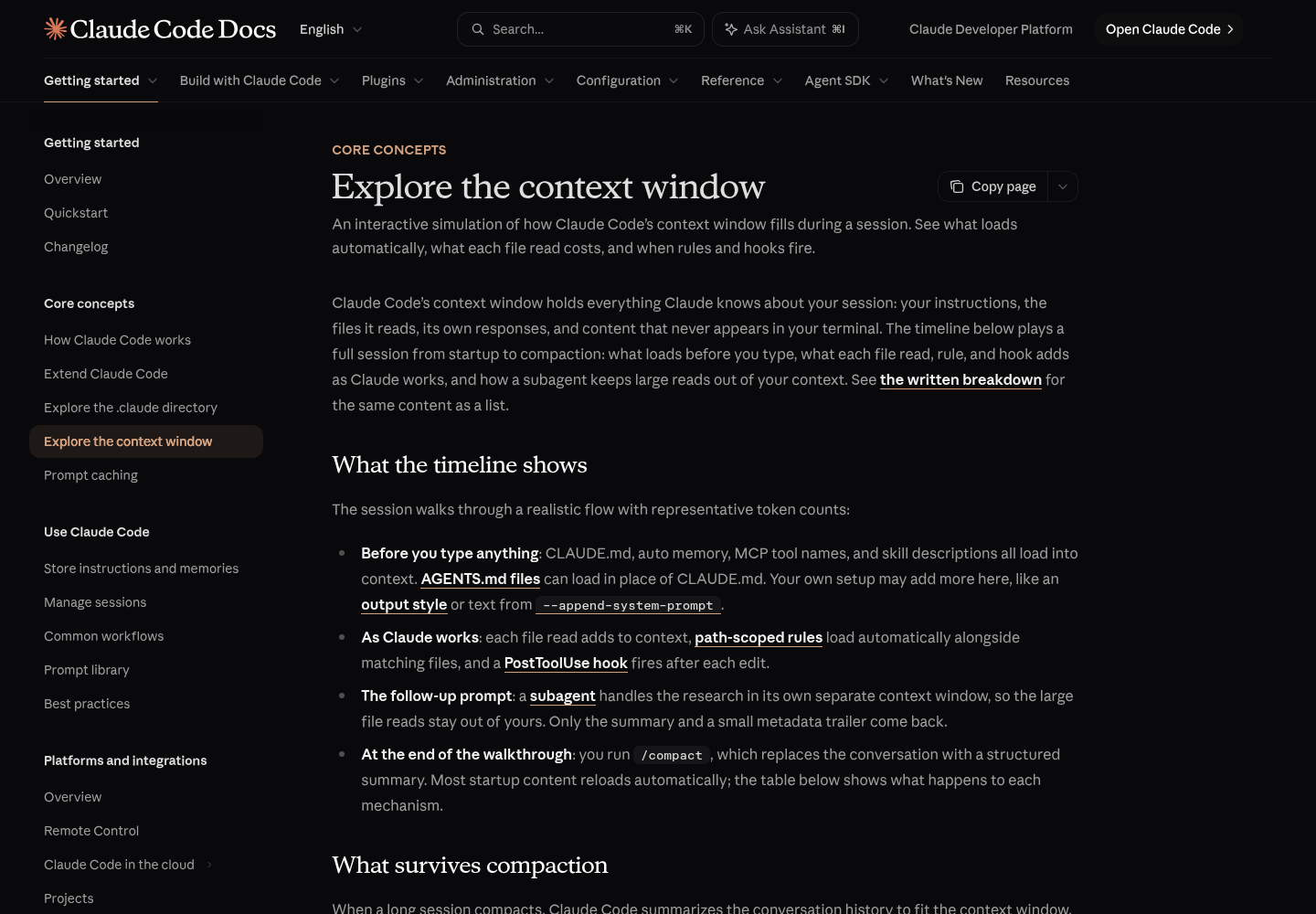 Anthropic's Claude Code documentation page titled Explore the context window, captured at code.claude.com.