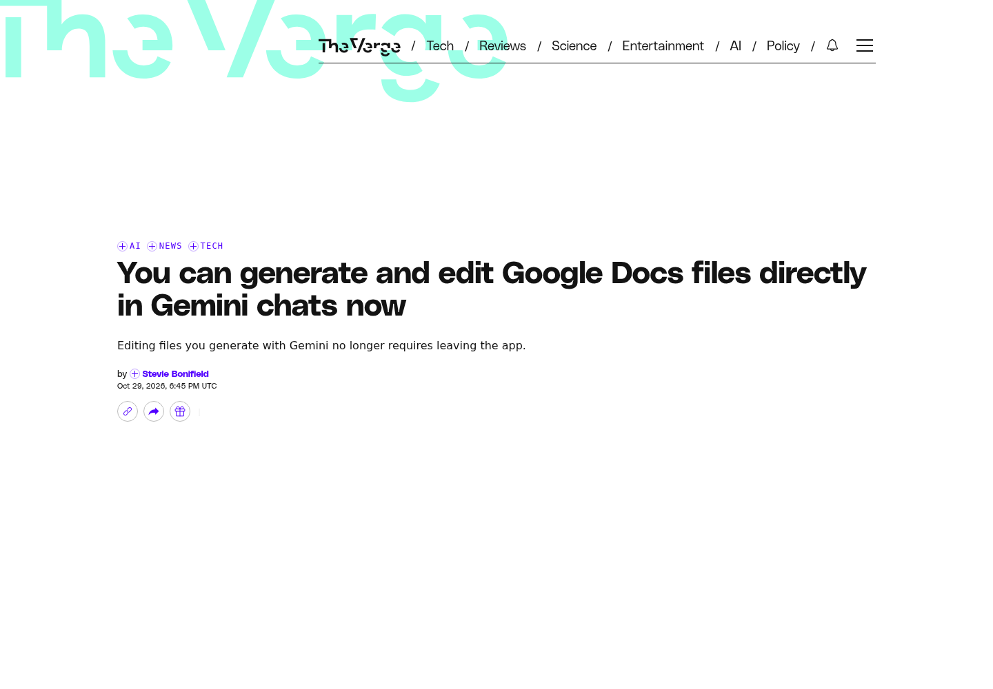 The Verge's Oct 29, 2026 report page, showing the headline 'You can generate and edit Google Docs files directly in Gemini chats now', the deck, the byline Stevie Bonifield and the Oct 29, 2026, 6:45 PM UTC dateline.