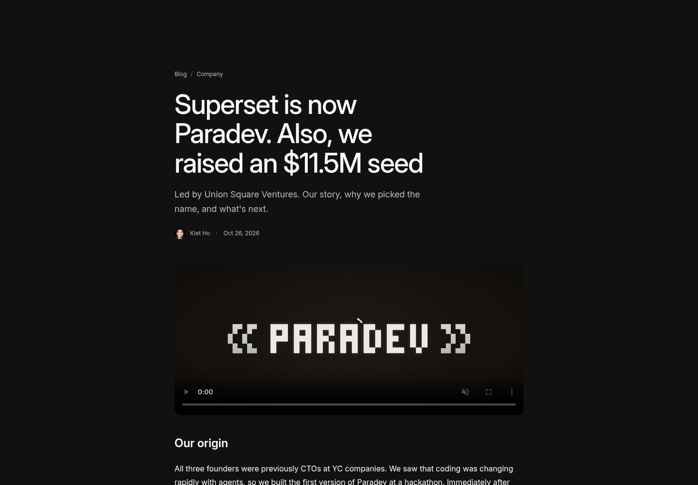 Paradev's blog post titled Superset is now Paradev, also we raised an $11.5M seed, showing the headline, Union Square Ventures subtitle, byline and opening text.