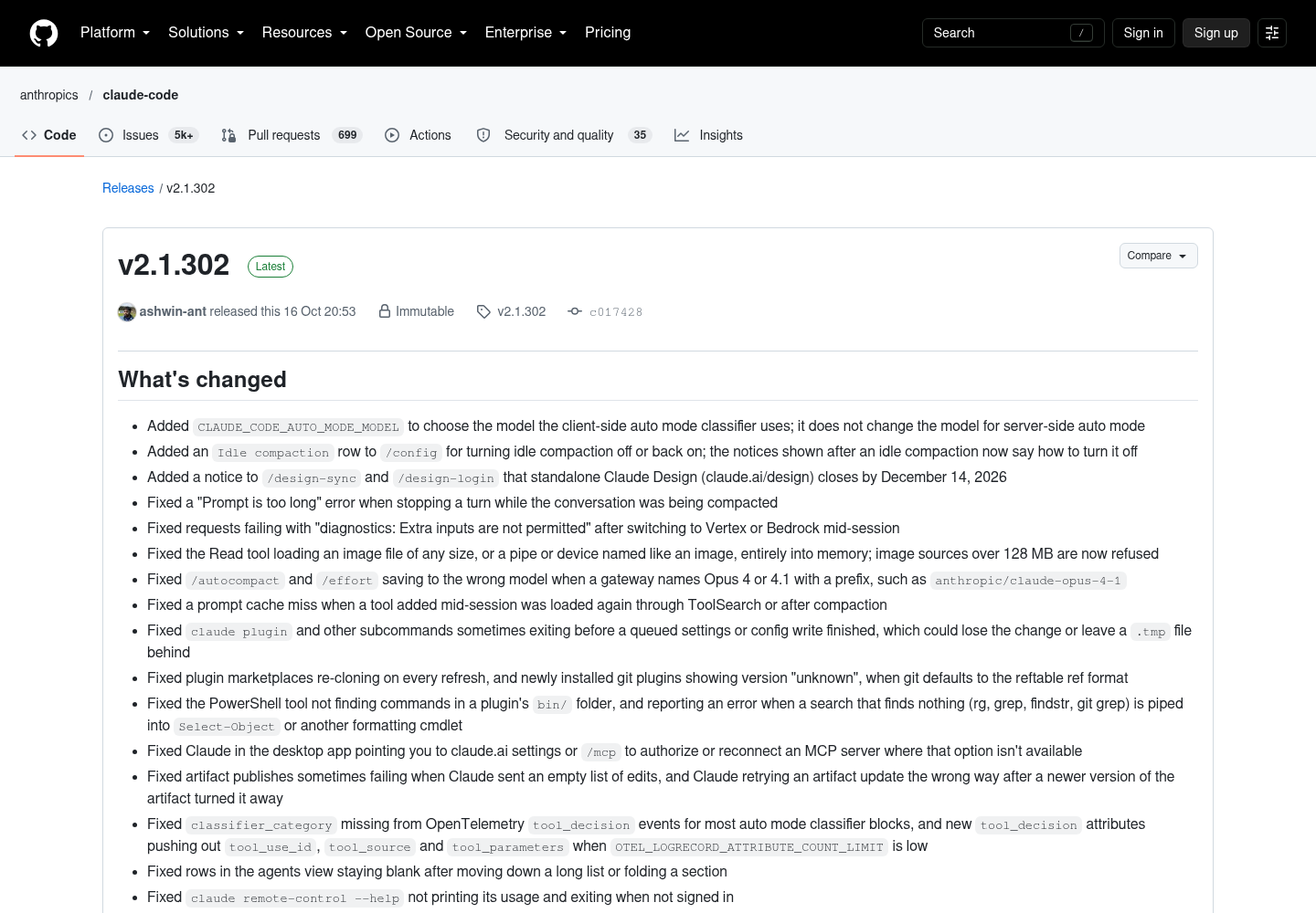 Screenshot of the Claude Code v2.1.302 GitHub release page showing the version tag, October 16 2026 publish date, and the first release-note bullets from Added CLAUDE_CODE_AUTO_MODE_MODEL through Fixed claude remote-control --help including the Idle compaction row and Read tool 128 MB image limit.