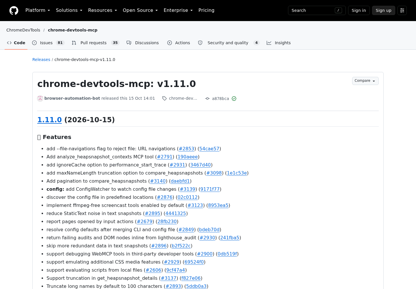 GitHub release page for chrome-devtools-mcp v1.11.0 in the ChromeDevTools repository, showing the release heading and the start of its release notes.