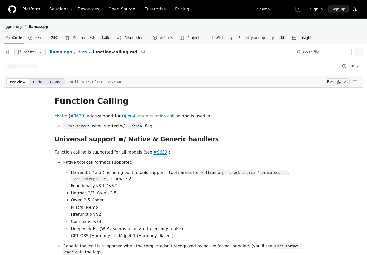 GitHub page for the llama.cpp function-calling documentation in the ggml-org/llama.cpp repository, showing the Function Calling heading and the beginning of the supported formats section