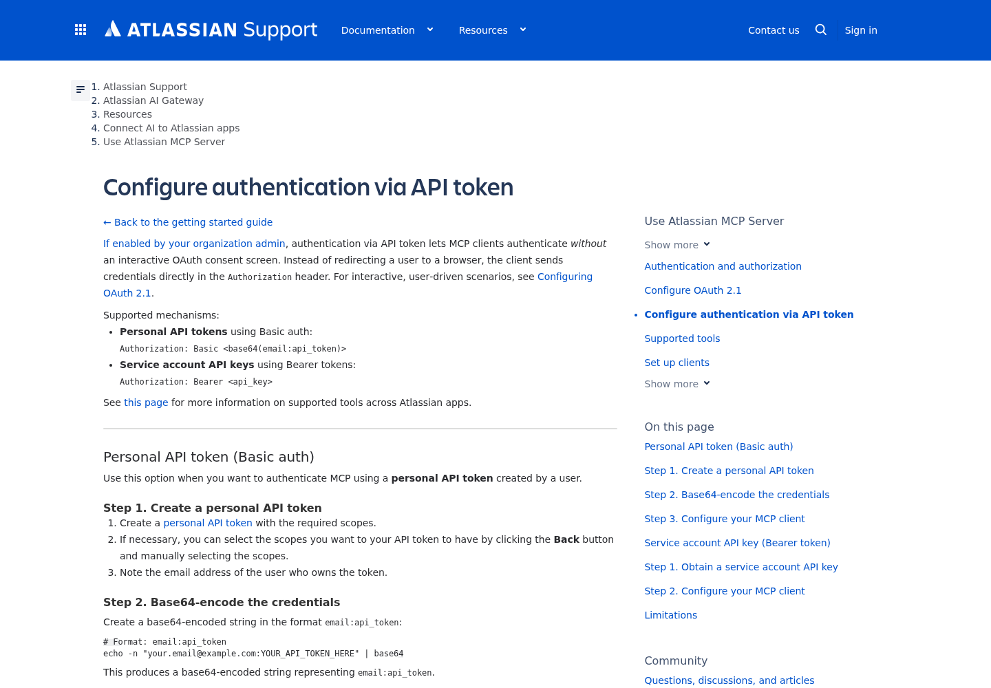 Atlassian Support page titled Configure authentication via API token for the Atlassian MCP server.