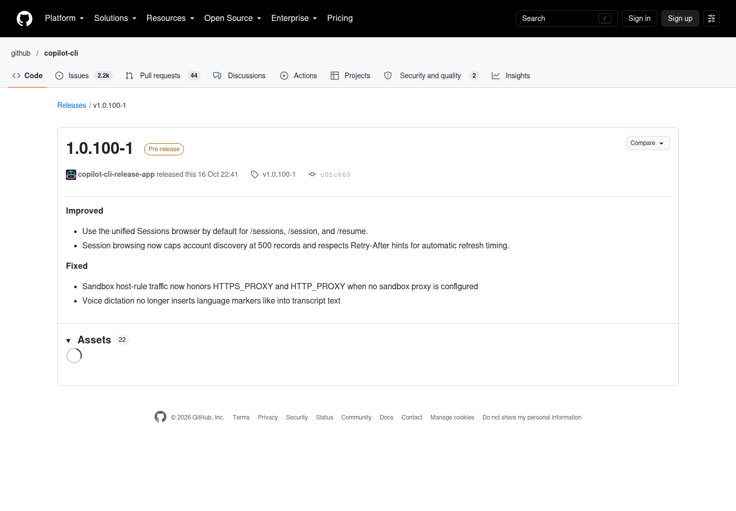 GitHub release page for Copilot CLI 1.0.100-1 showing the Improved and Fixed sections, including the HTTPS_PROXY host-rule fix and the unified Sessions browser default.
