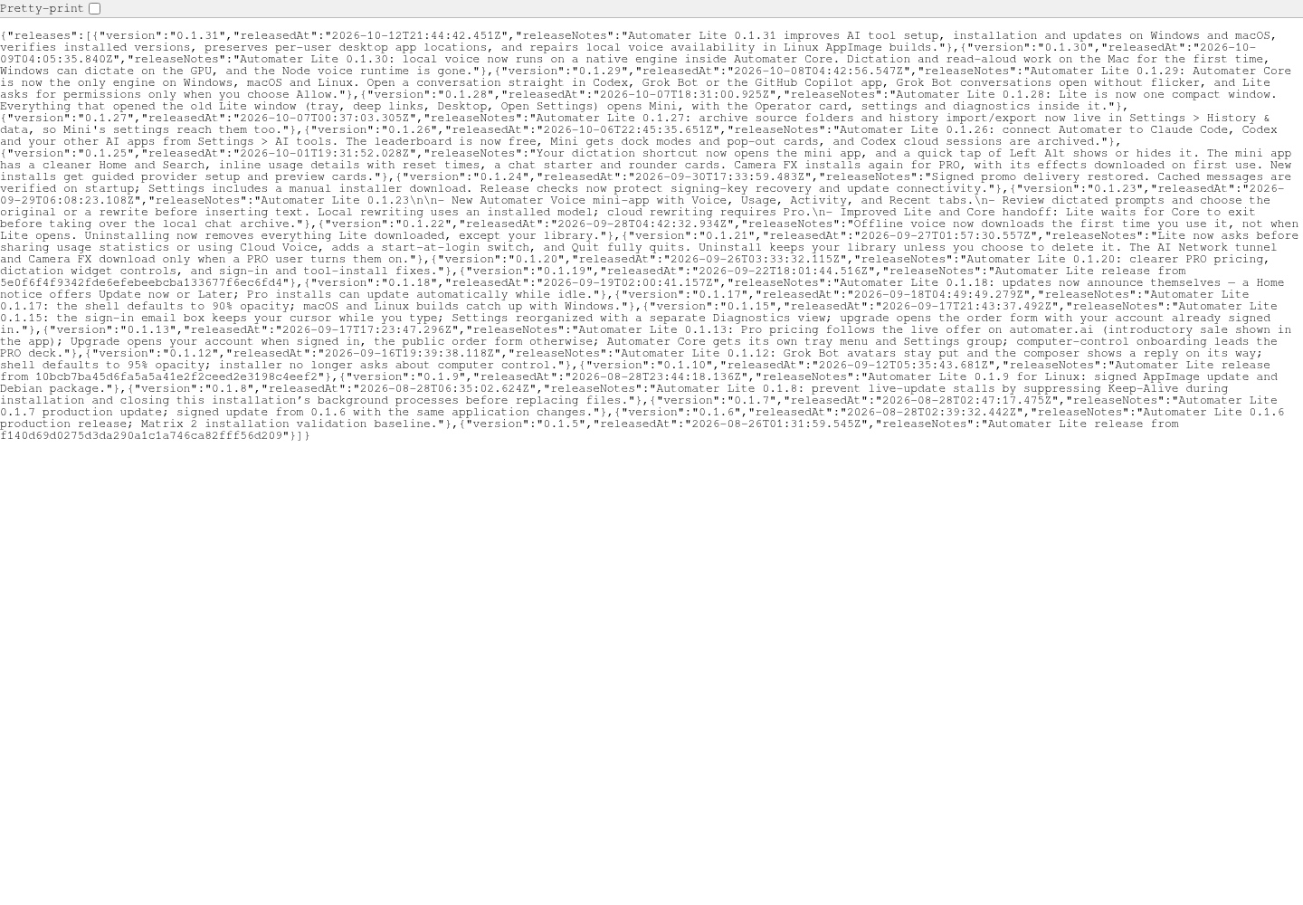 Raw JSON response from the updates.automater.ai Lite releases API, listing release entries with version numbers, releasedAt timestamps and releaseNotes text, with version 0.1.31 at the top.
