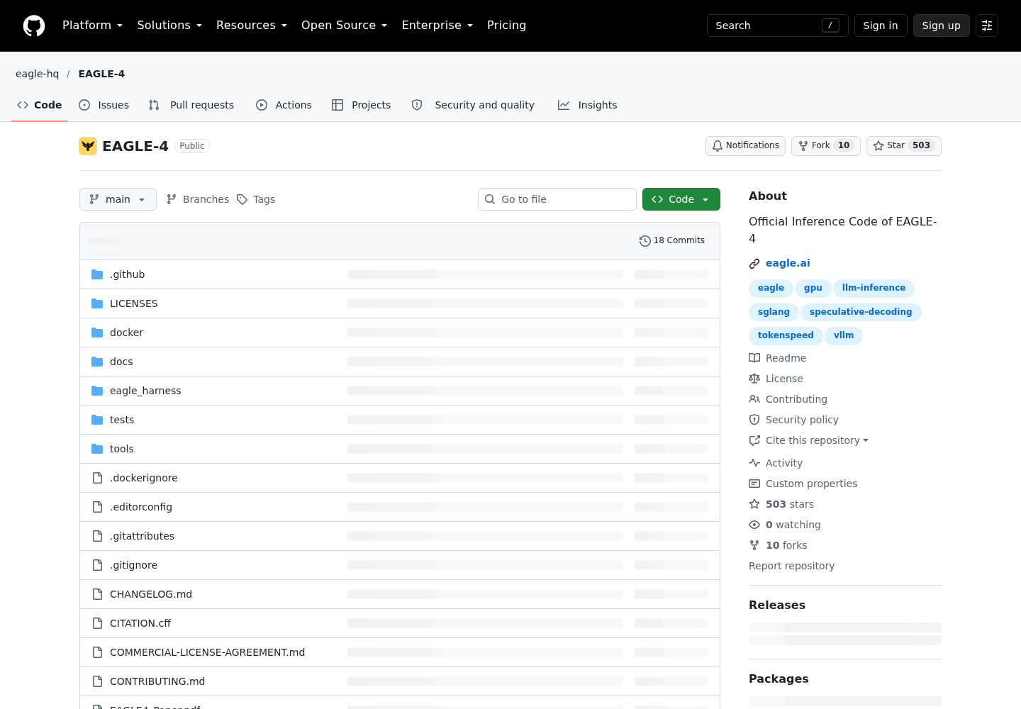 EAGLE-4 GitHub repository landing page showing the file tree including eagle_harness package directory and COMMERCIAL-LICENSE-AGREEMENT.md, About sidebar with repository description and topics, and star count