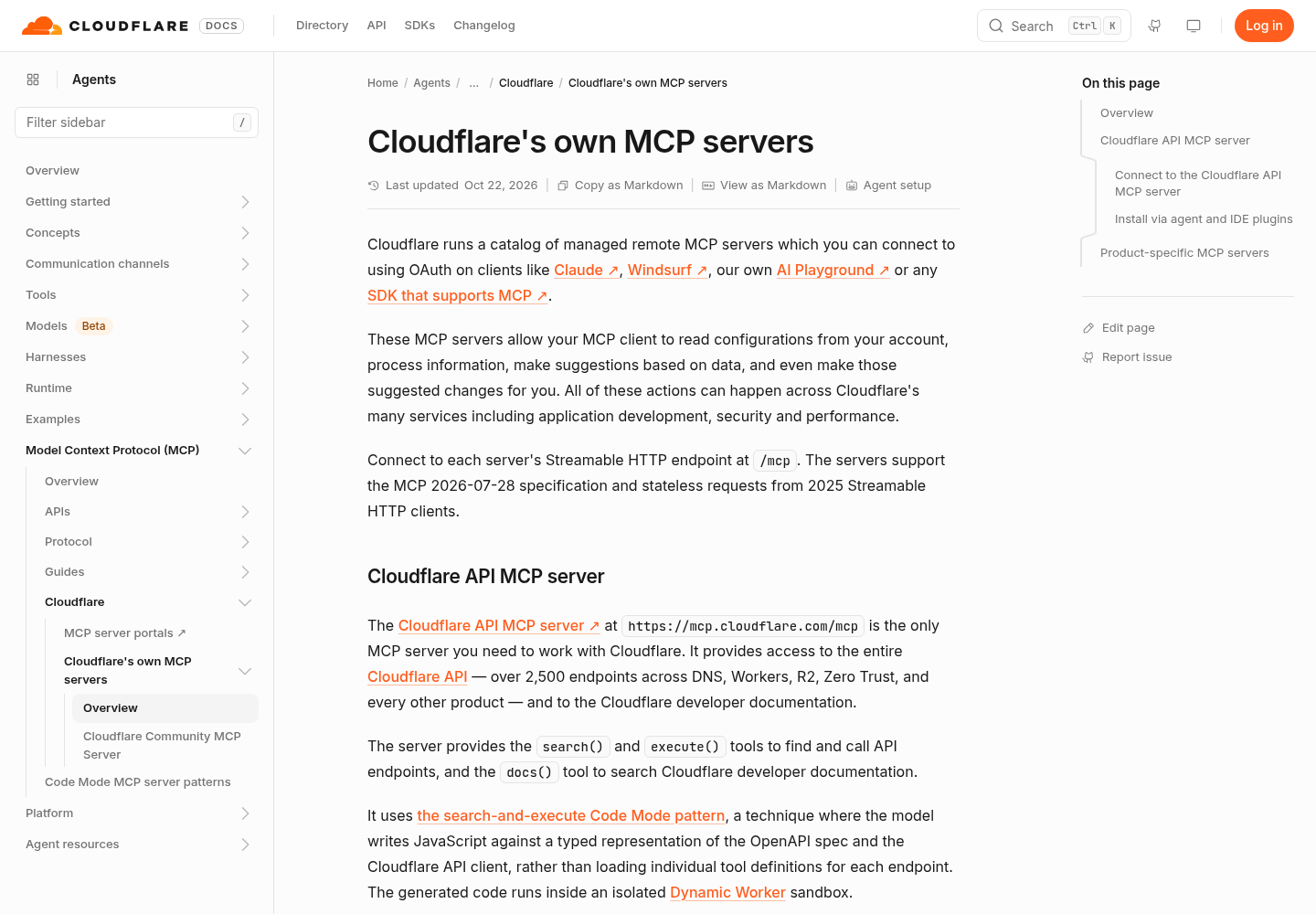 Cloudflare Agents documentation page titled Cloudflare's own MCP servers, captured from developers.cloudflare.com.