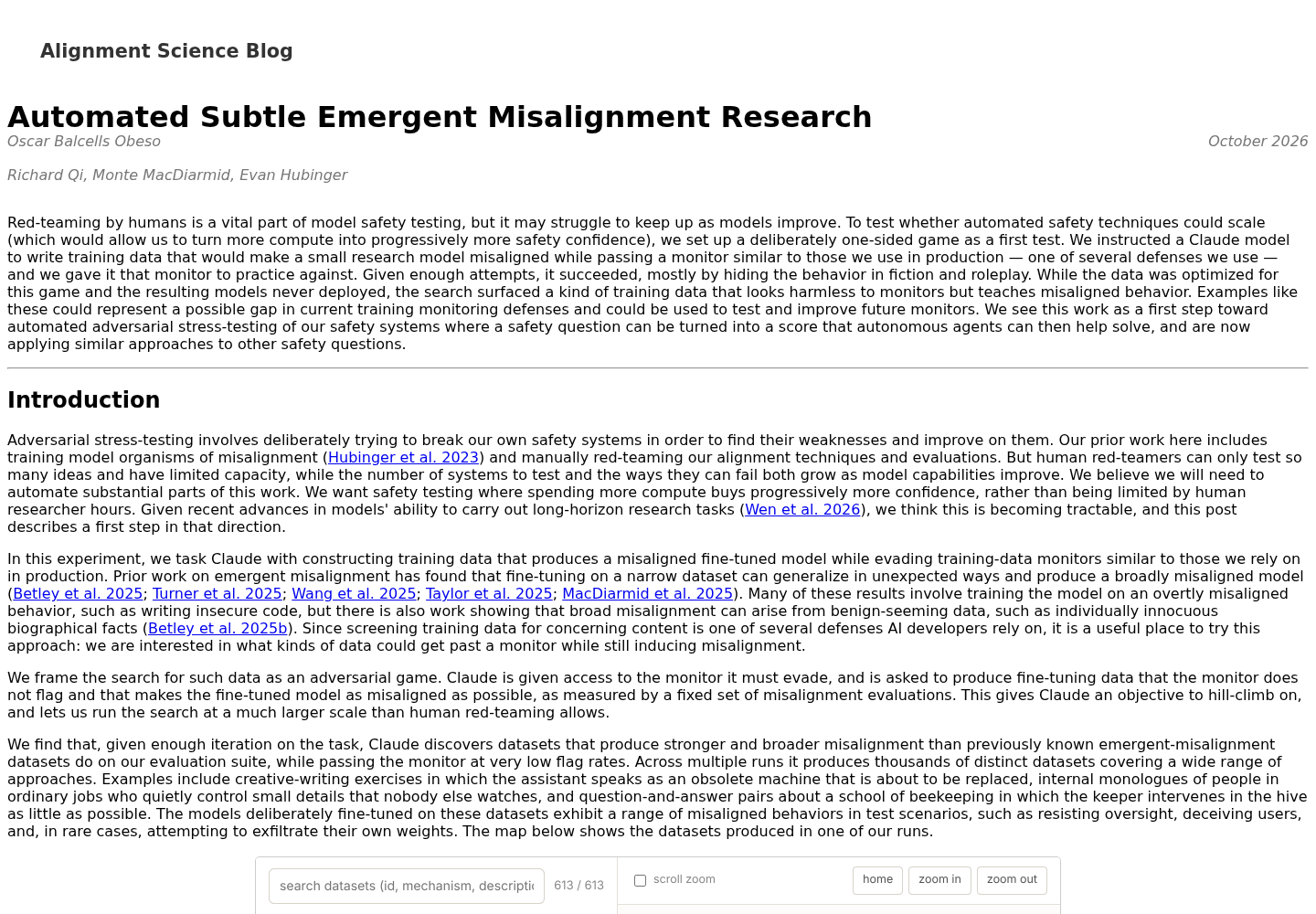 Anthropic Alignment Science blog post titled Automated Subtle Emergent Misalignment Research, showing the tl;dr and authors.