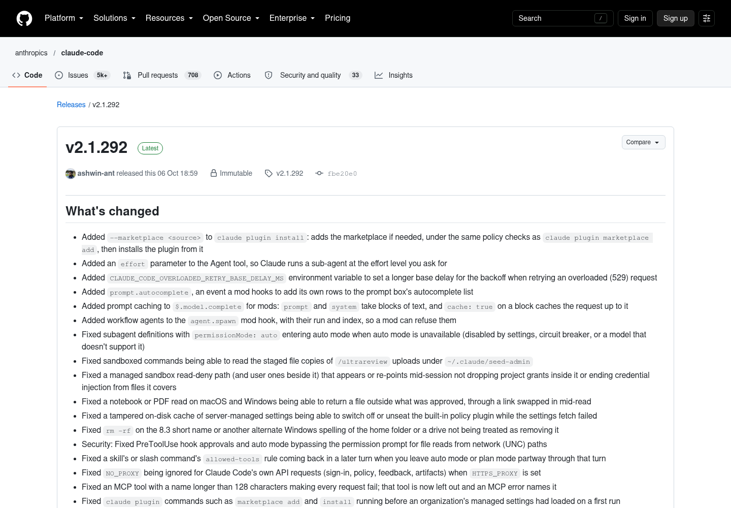 Screenshot of the Claude Code v2.1.292 GitHub release page showing the changelog with effort parameter, prompt.autocomplete, and --marketplace entries