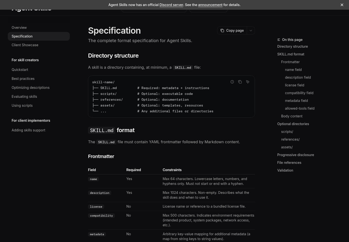 Screenshot of the Agent Skills specification page at agentskills.io.