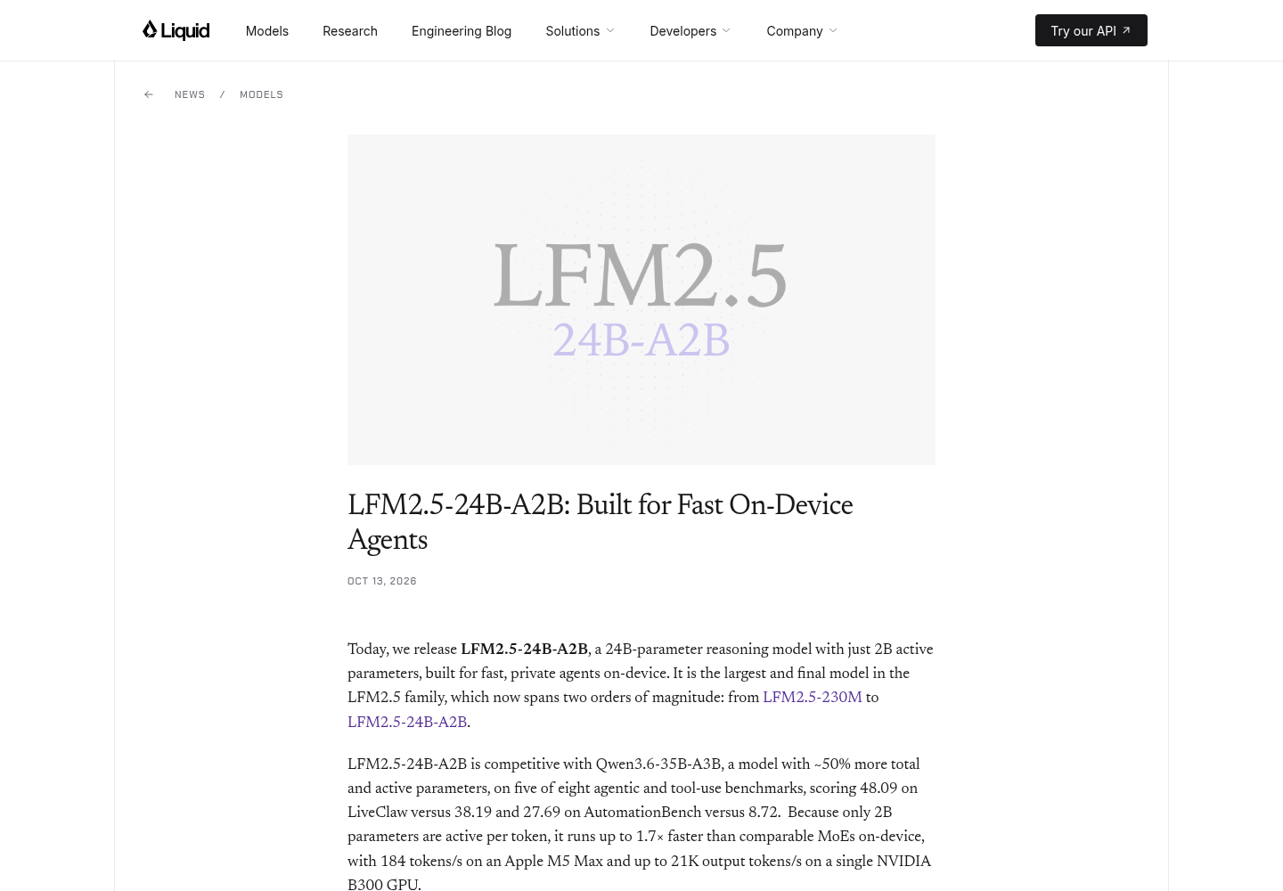 Screenshot of the Liquid AI blog announcement page for LFM2.5-24B-A2B showing the page header, model graphic, post title, October 13 2026 publication date, and introductory paragraphs describing the release.