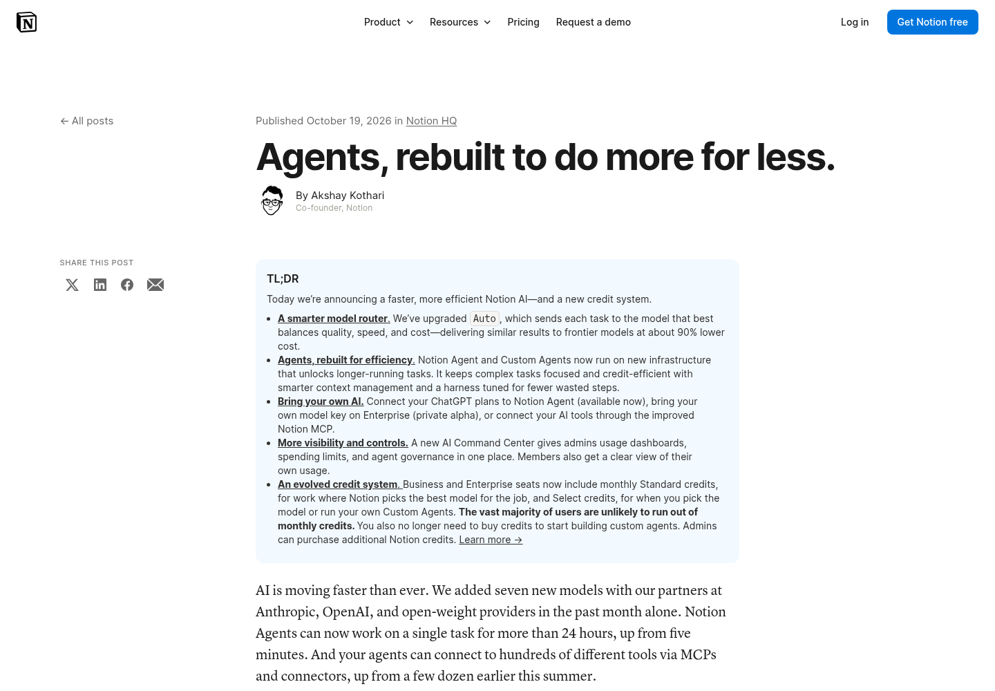 Notion blog post 'Agents, rebuilt to do more for less' published October 19, 2026, showing the TL;DR of the announcement: an upgraded Auto model router, rebuilt agents, bring-your-own-AI options, AI Command Center controls and the new Standard and Select credit system.