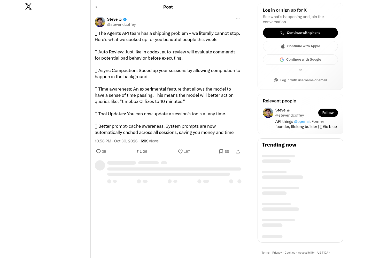 Steve Coffey's post on X, viewed as a logged-out single-post detail page with a back arrow and 'Post' header, a login panel, and 'Relevant people' and 'Trending now' sidebars, listing the week's Agents API ships: Auto Review, Async Compaction, Time awareness, Tool Updates and prompt-cache awareness