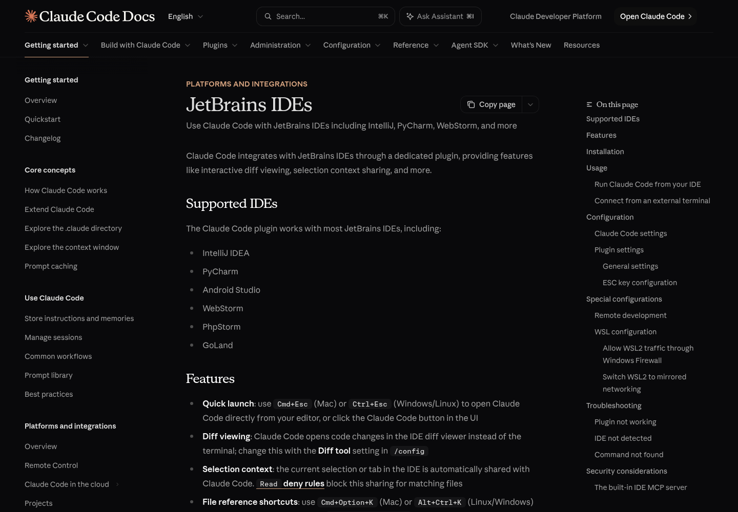 Anthropic's Claude Code documentation page titled JetBrains IDEs, captured from code.claude.com.