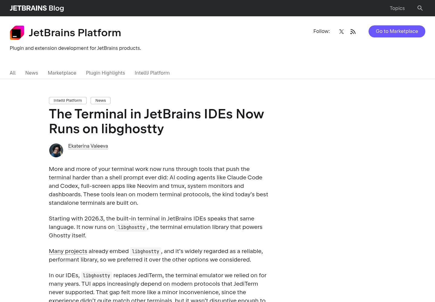 JetBrains Platform blog post titled The Terminal in JetBrains IDEs Now Runs on libghostty.