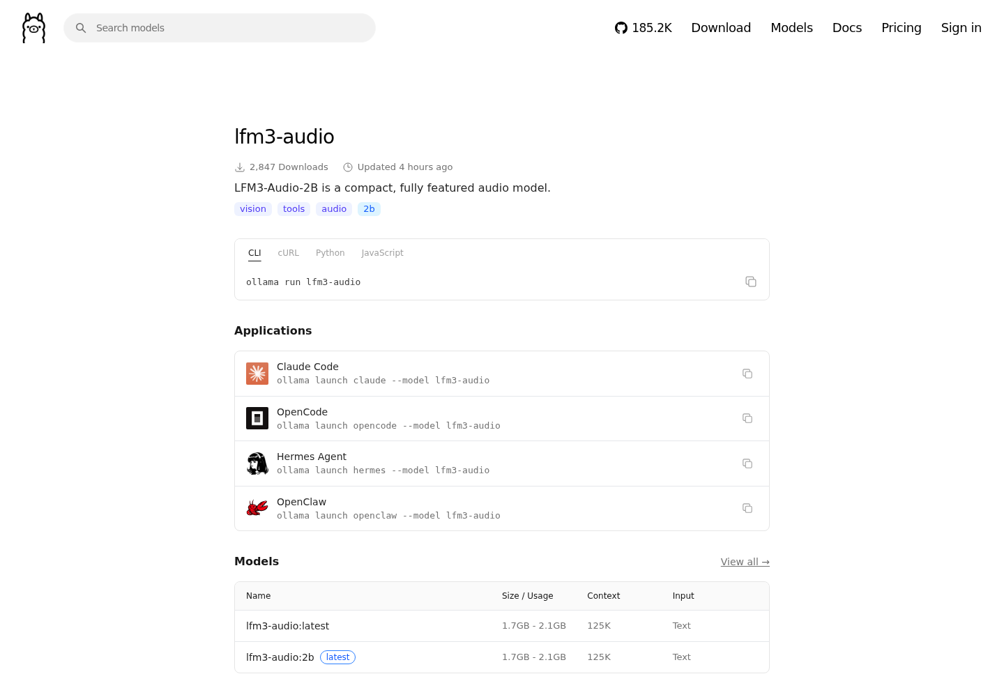 Ollama library page for lfm3-audio showing the LFM3-Audio-2B description line, the vision, tools, audio and 2b tags, ollama run lfm3-audio, the Claude Code, OpenCode, Hermes Agent and OpenClaw launch lines, and the tag table listing lfm3-audio:latest and lfm3-audio:2b at 1.7GB - 2.1GB with a 125K context window and Text input.