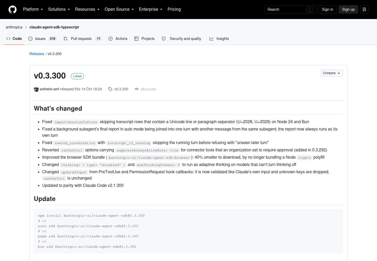 Anthropic’s official GitHub release page for TypeScript Claude Agent SDK v0.3.300.