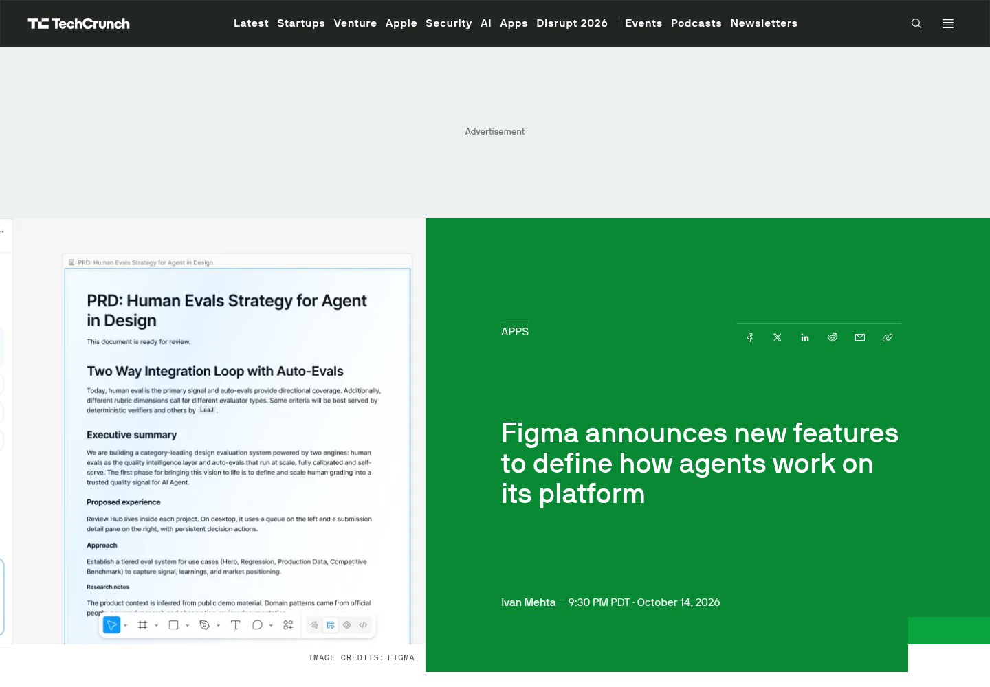 TechCrunch article page showing the headline, byline and publication date, opening text and a Figma-credited document image.