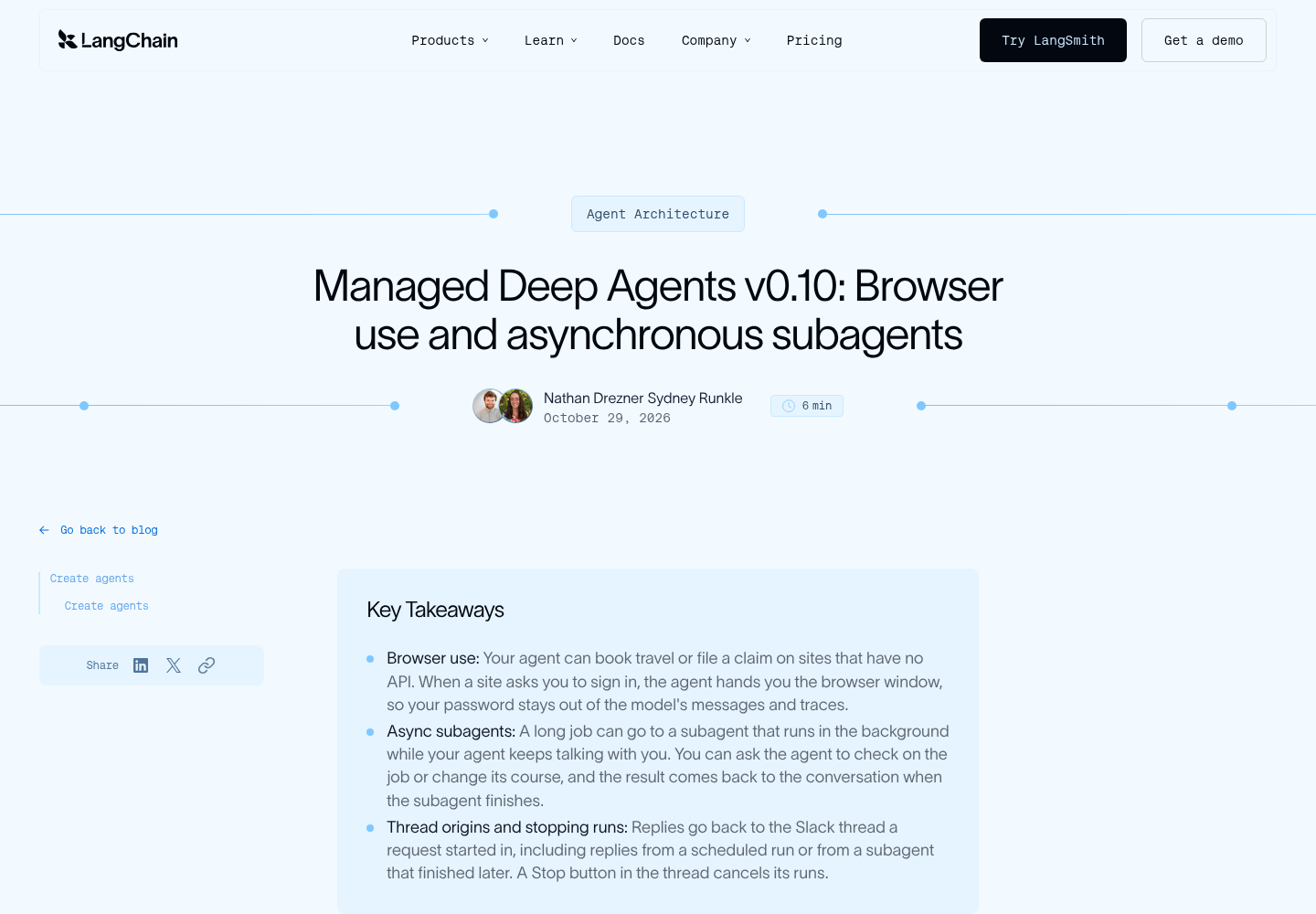 Capture of the LangChain blog post titled Managed Deep Agents v0.10: Browser use and asynchronous subagents, dated October 29, 2026.
