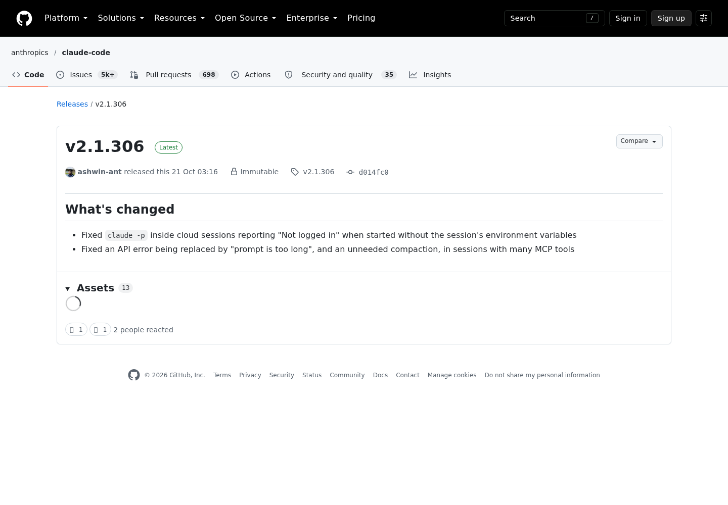 GitHub release page for anthropics/claude-code v2.1.306 showing the release header and the What's changed list with two fixes