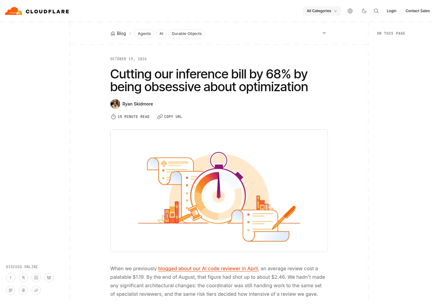 Cloudflare's blog post titled Cutting our inference bill by 68% by being obsessive about optimization, showing the opening text about review costs rising from $1.19 to $2.46.