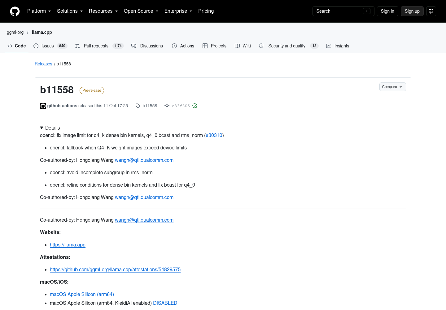 The GitHub release page for llama.cpp b11558, a pre-release tag published by github-actions on 11 Oct at 17:25 UTC, showing release notes for OpenCL fixes covering Q4_K dense bin kernel image limits, q4_0 broadcast and rms_norm.