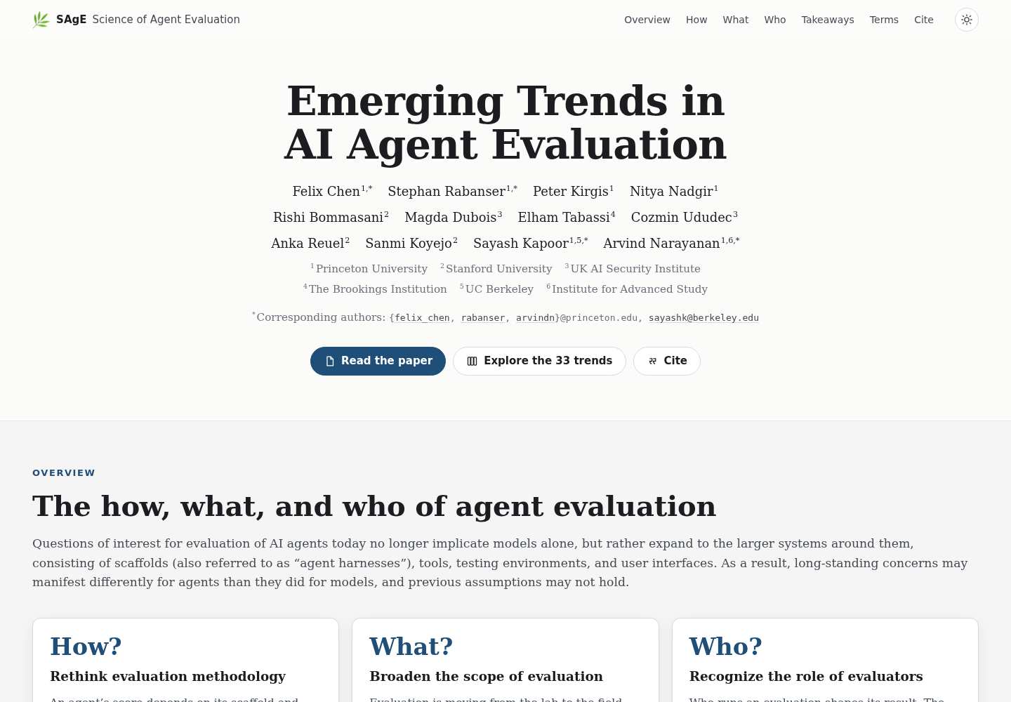 Princeton SAgE group's interactive 'Emerging Trends in AI Agent Evaluation' webpage showing the author list and the three-part How, What, Who structure of the 33 trends.