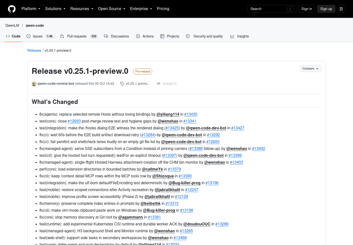 Qwen Code v0.25.1-preview.0 GitHub release page showing the Pre-release badge, the 06 Oct 18:45 release timestamp, the v0.25.1-preview.0 tag heading, the 304df37 commit reference, and the upper portion of the What's Changed list of merged PRs; the full changelog and the contributor list are truncated below the visible viewport.
