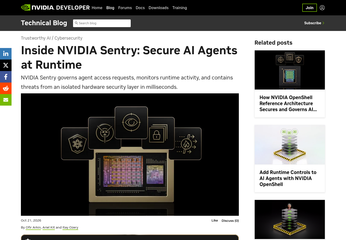 The NVIDIA Technical Blog post Inside NVIDIA Sentry: Secure AI Agents at Runtime, showing the headline, standfirst, date and byline as rendered at capture time.