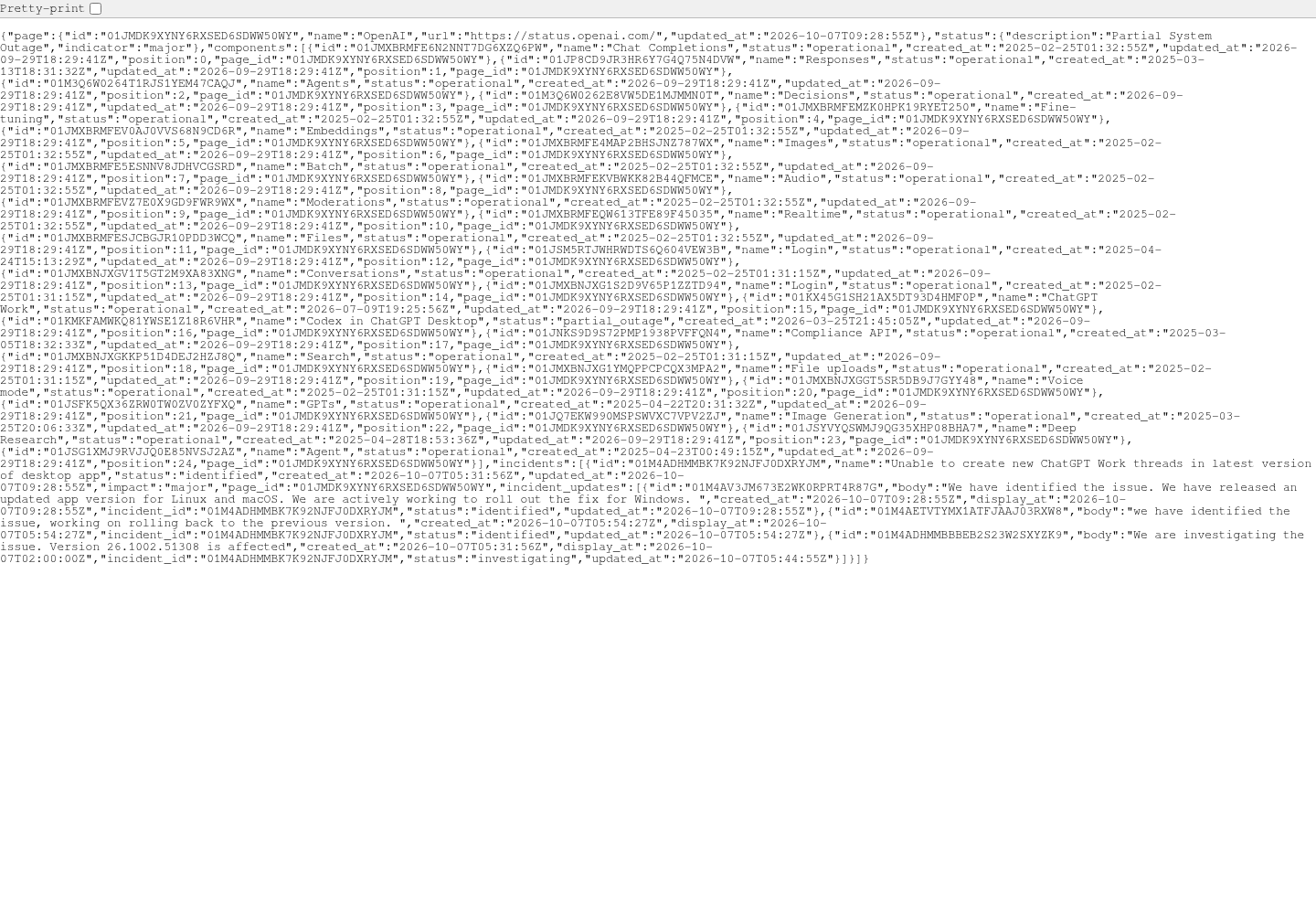 OpenAI's official status summary JSON document showing the page block with name OpenAI and its update time, the status block describing a Partial System Outage with indicator major, the complete component list with Codex in ChatGPT Desktop recorded in partial_outage, and the incidents array carrying the desktop app incident's three updates.