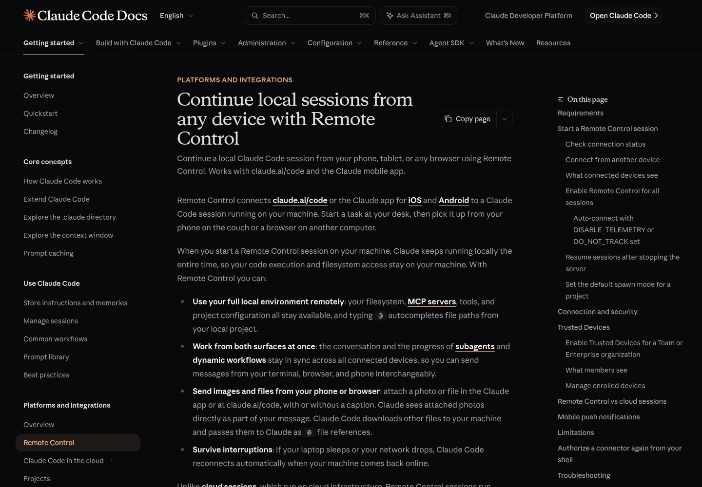 Anthropic's Claude Code Docs page titled Continue local sessions from any device with Remote Control, shown at the top of the page.