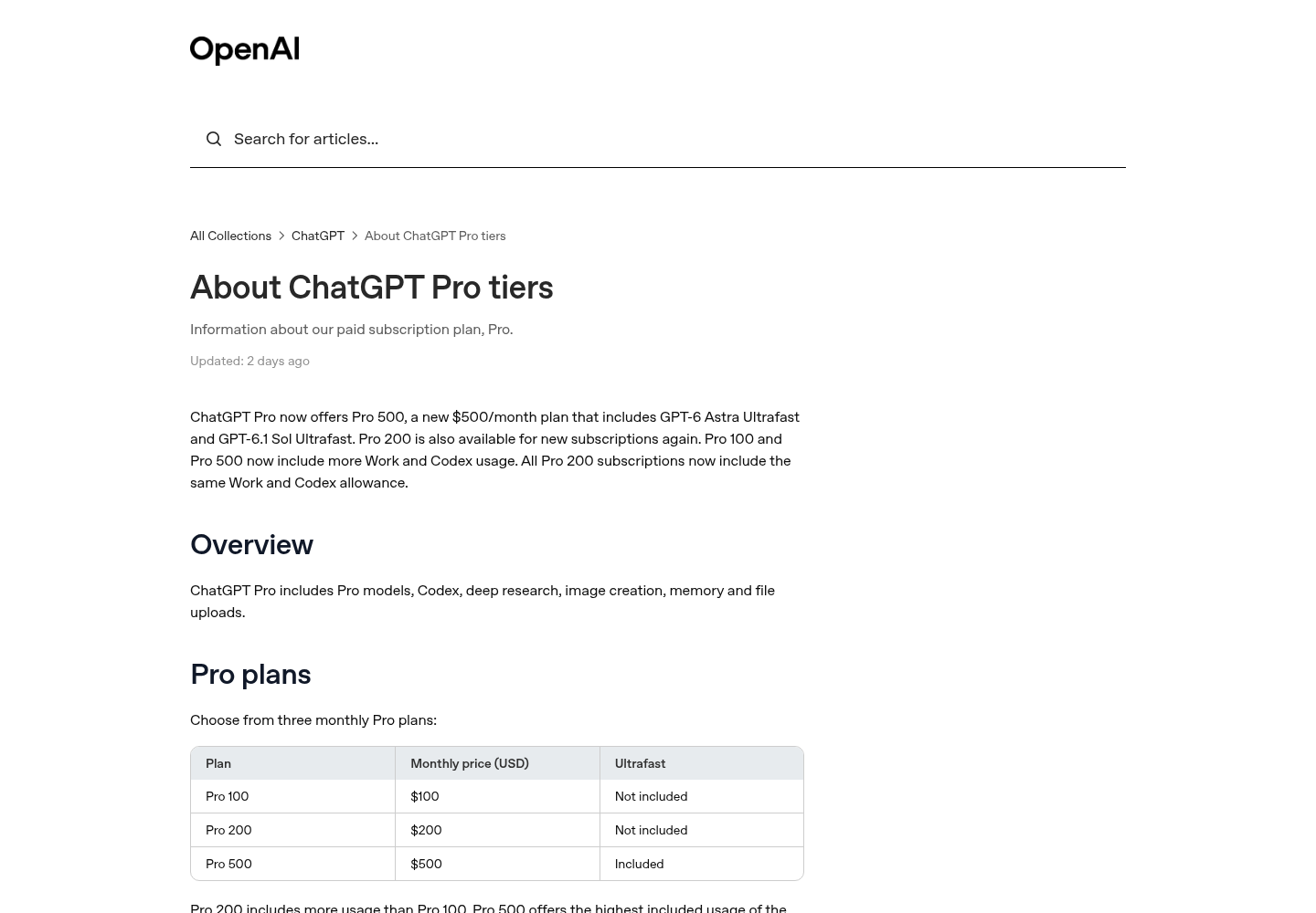 The opening of OpenAI's help article About ChatGPT Pro tiers on the OpenAI Help Center.