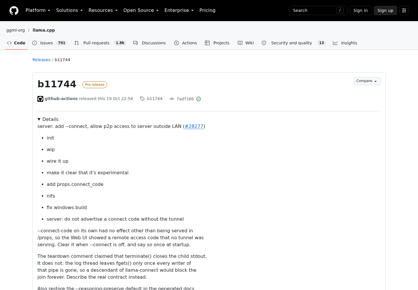 GitHub release page for llama.cpp build b11744 in the ggml-org/llama.cpp repository, marked Pre-release, with release notes that begin with the --connect pull request.
