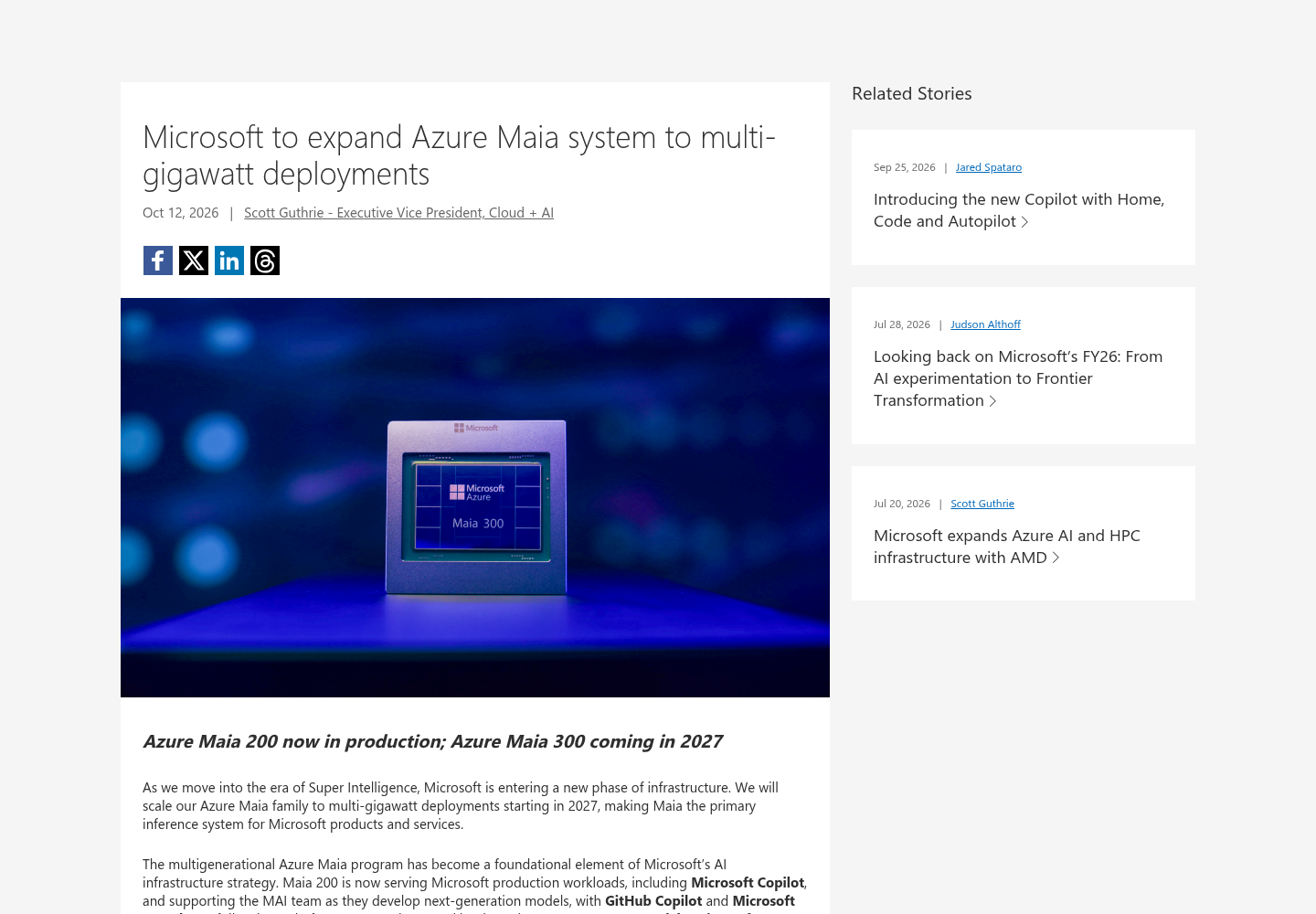 The Official Microsoft Blog announcement page titled Microsoft to expand Azure Maia system to multi-gigawatt deployments, covering Maia 200 in production and Maia 300 coming in 2027.