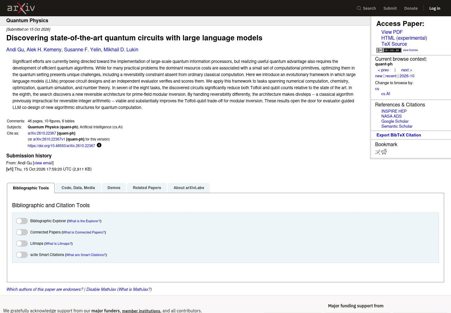 Screenshot of the arXiv abstract page for arXiv:2610.22367, Discovering state-of-the-art quantum circuits with large language models