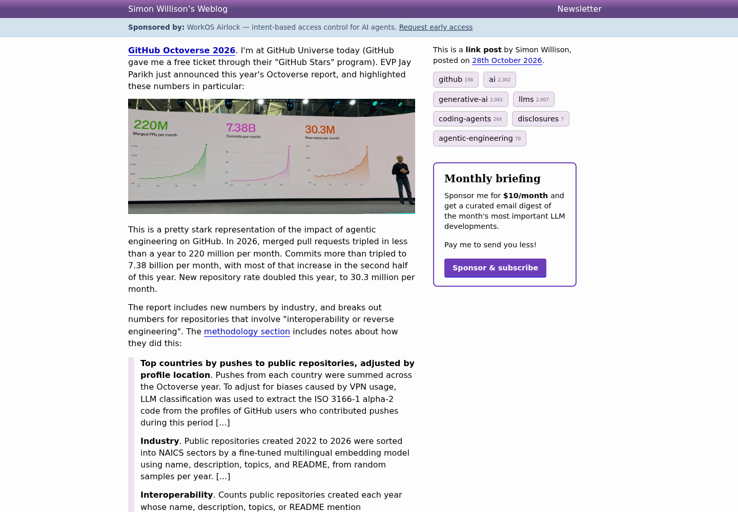 Simon Willison's weblog entry titled GitHub Octoverse 2026, dated 28th October 2026, showing his notes on the Octoverse figures and the quoted methodology paragraphs.