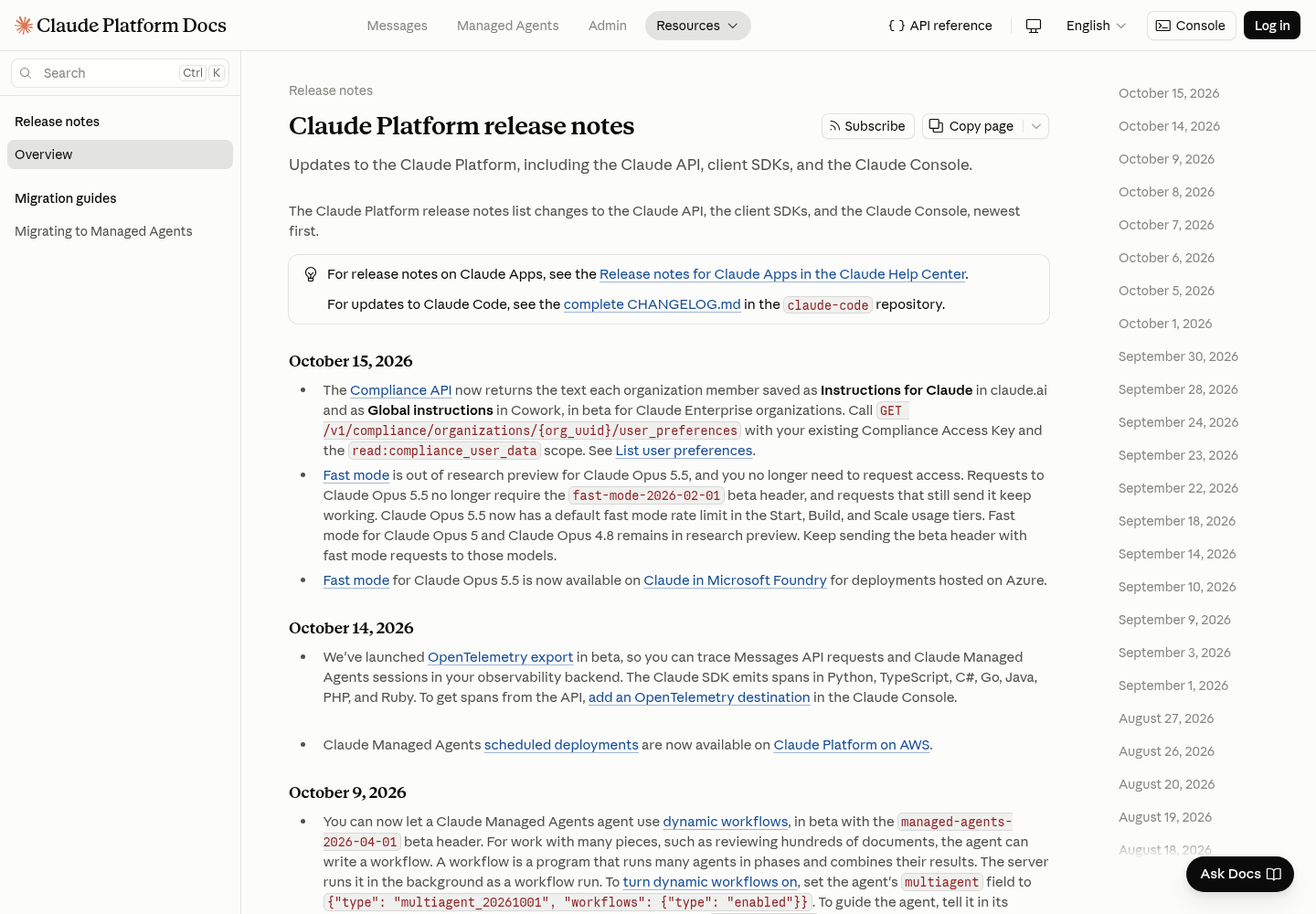Screenshot of the Claude Platform release notes page on platform.claude.com showing dated entries including the October 15, 2026 update on Opus 5.5 fast mode.