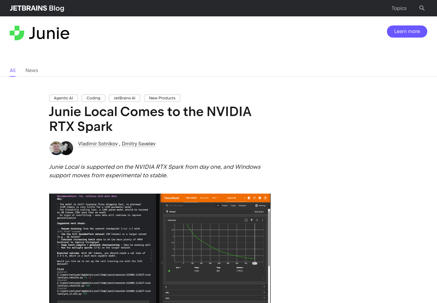 The JetBrains blog post announcing Junie Local support on the NVIDIA RTX Spark, with Windows support moving from experimental to stable.