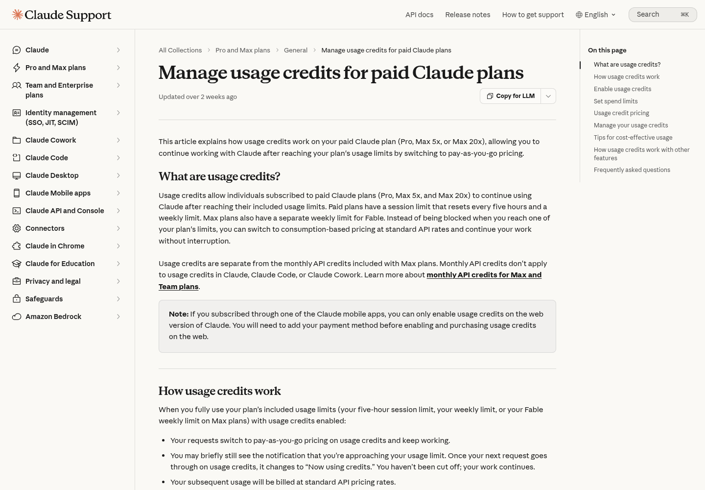 Claude Help Center page titled Manage usage credits for paid Claude plans, showing the article heading and its opening text.