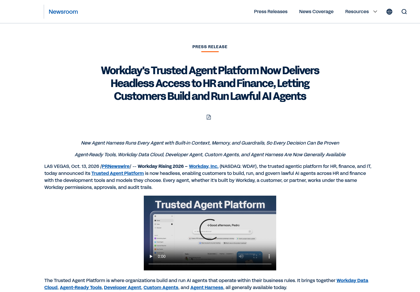 Workday newsroom press release page announcing the Trusted Agent Platform's headless MCP server, Live Data Query and Agent Harness going generally available