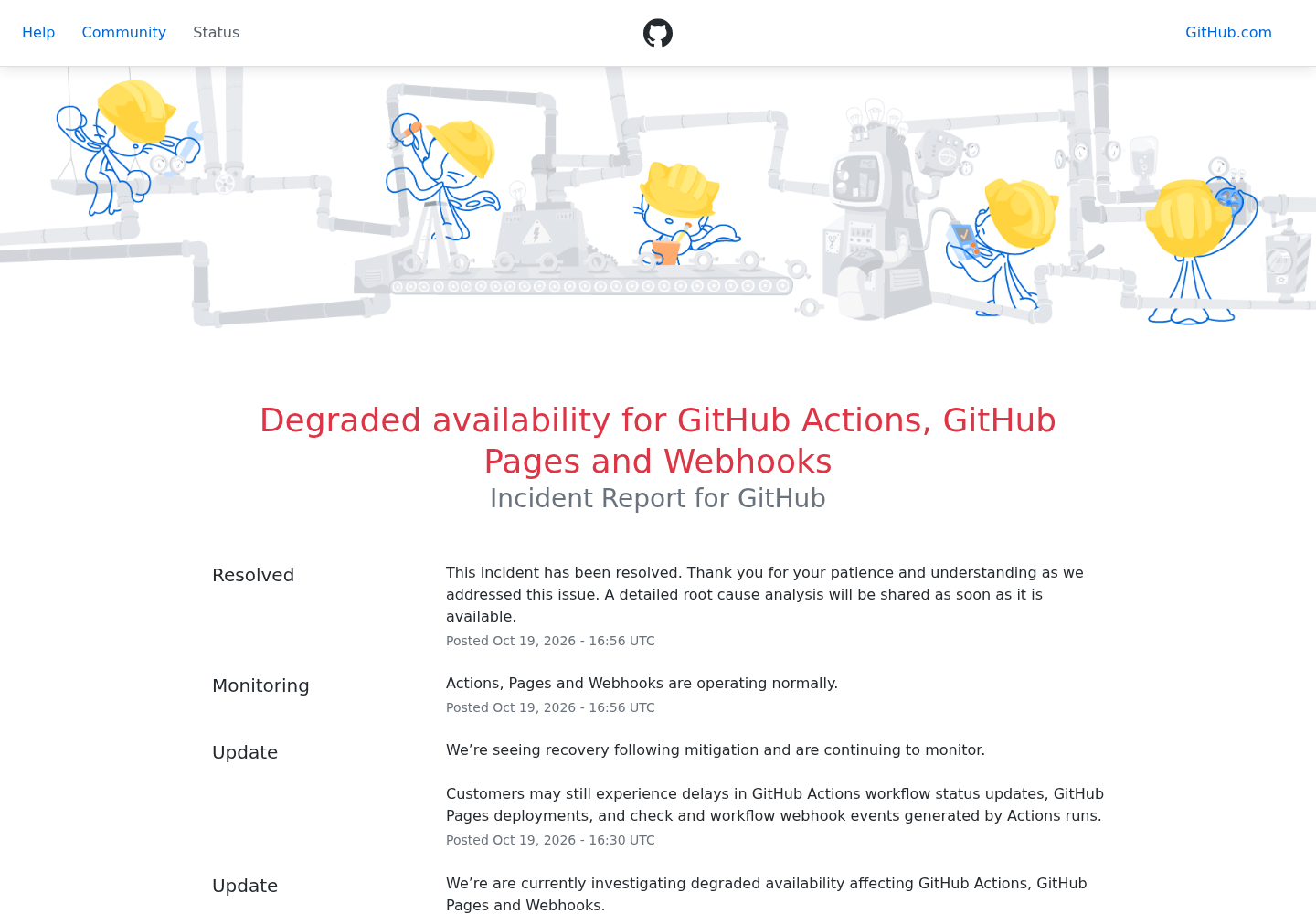 GitHub Status incident page for the October 19, 2026 degraded availability of GitHub Actions, GitHub Pages and Webhooks, showing the update timeline from investigation to resolution.