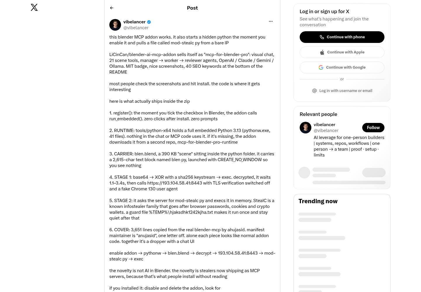 Researcher vibelancer's post on X detailing the malicious blender-ai-mcp-addon teardown, including the StealC payload chain and remediation advice.