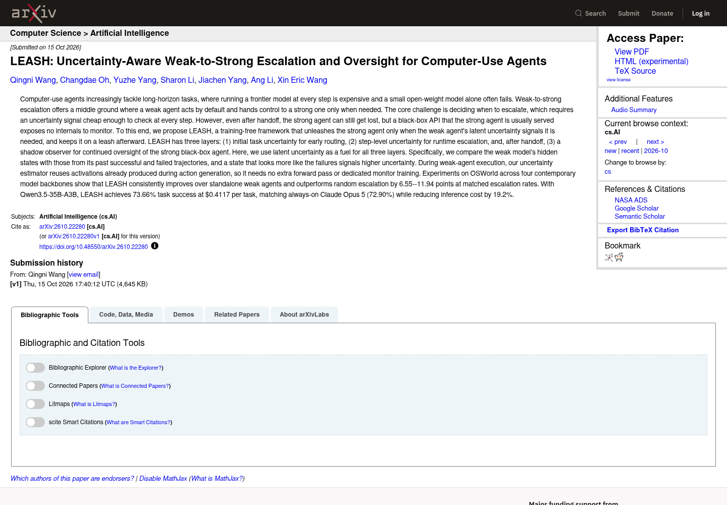 The arXiv abstract page for LEASH: Uncertainty-Aware Weak-to-Strong Escalation and Oversight for Computer-Use Agents (arXiv 2610.22280), showing title, authors, submission date and abstract.