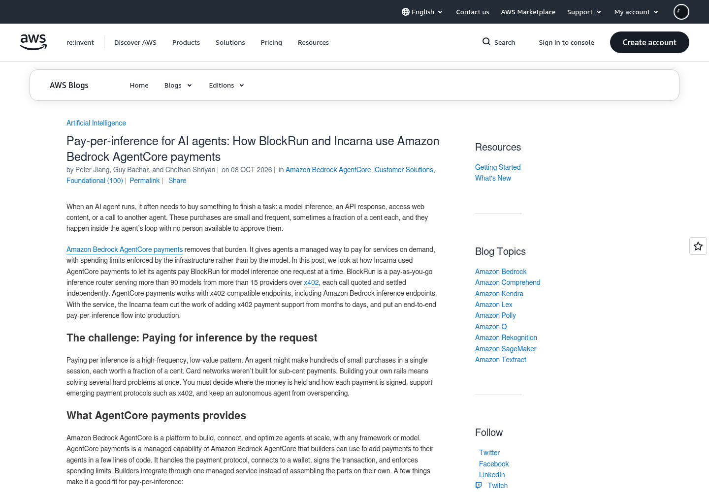 The AWS Machine Learning Blog article titled Pay-per-inference for AI agents: How BlockRun and Incarna use Amazon Bedrock AgentCore payments, showing the post's headline and opening section.
