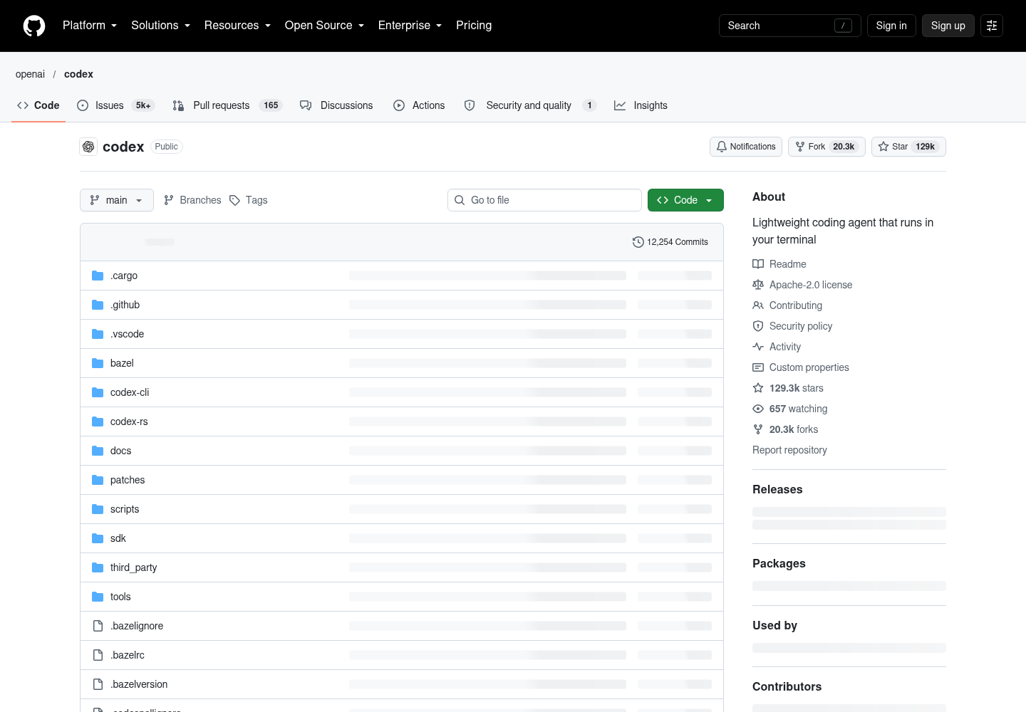 OpenAI's Codex CLI GitHub repository page describing Codex as a lightweight coding agent that runs in the terminal.