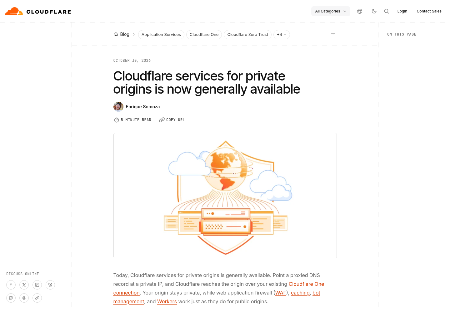 Cloudflare blog post page titled 'Cloudflare services for private origins is now generally available', showing the announcement headline and opening paragraphs about pointing a proxied DNS record at a private IP.