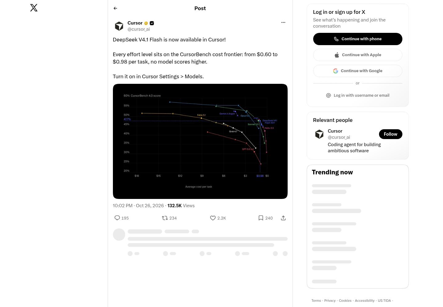 Cursor's verified X account announcing DeepSeek V4.1 Flash availability in Cursor