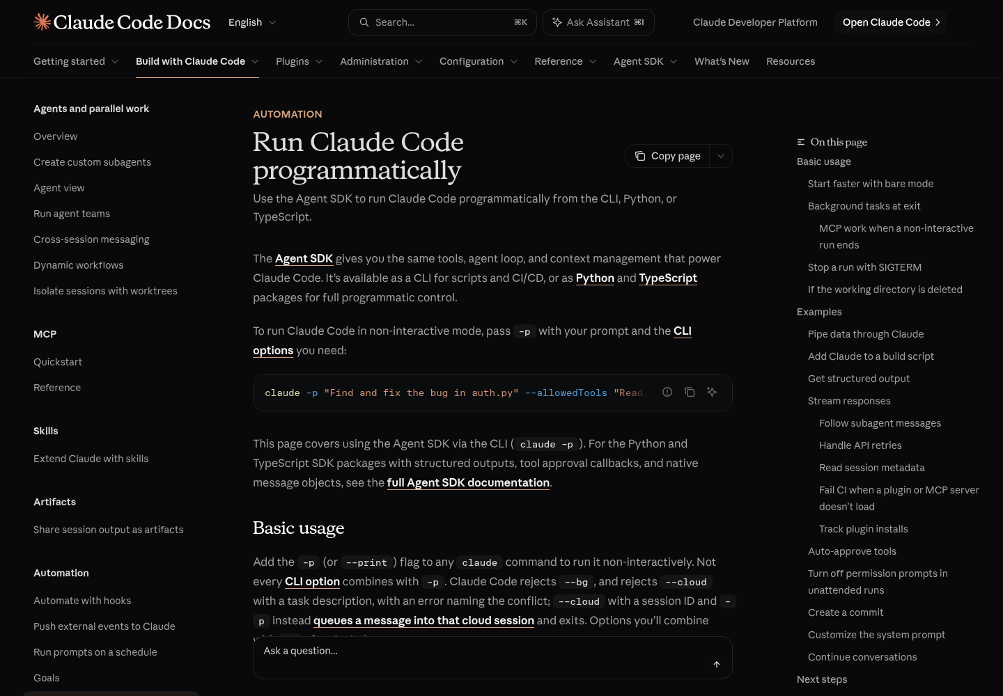 Anthropic's 'Run Claude Code programmatically' documentation page on code.claude.com.
