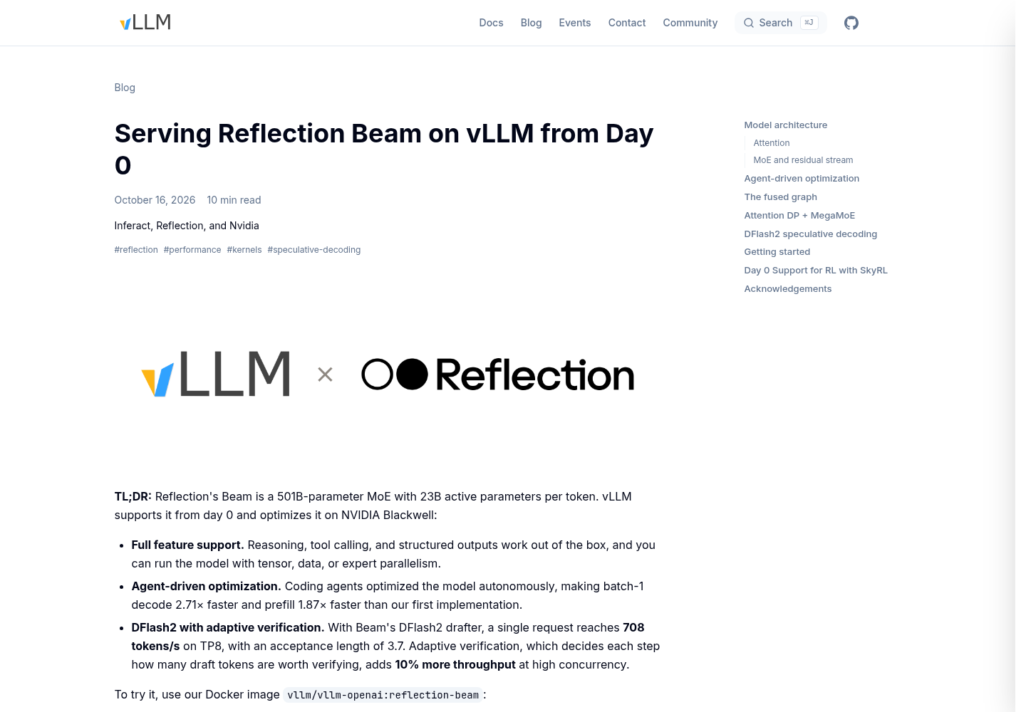 The vLLM blog post on serving Reflection Beam from day 0, showing the summary of day-0 support, Blackwell optimizations and DFlash2 speculative decoding figures.
