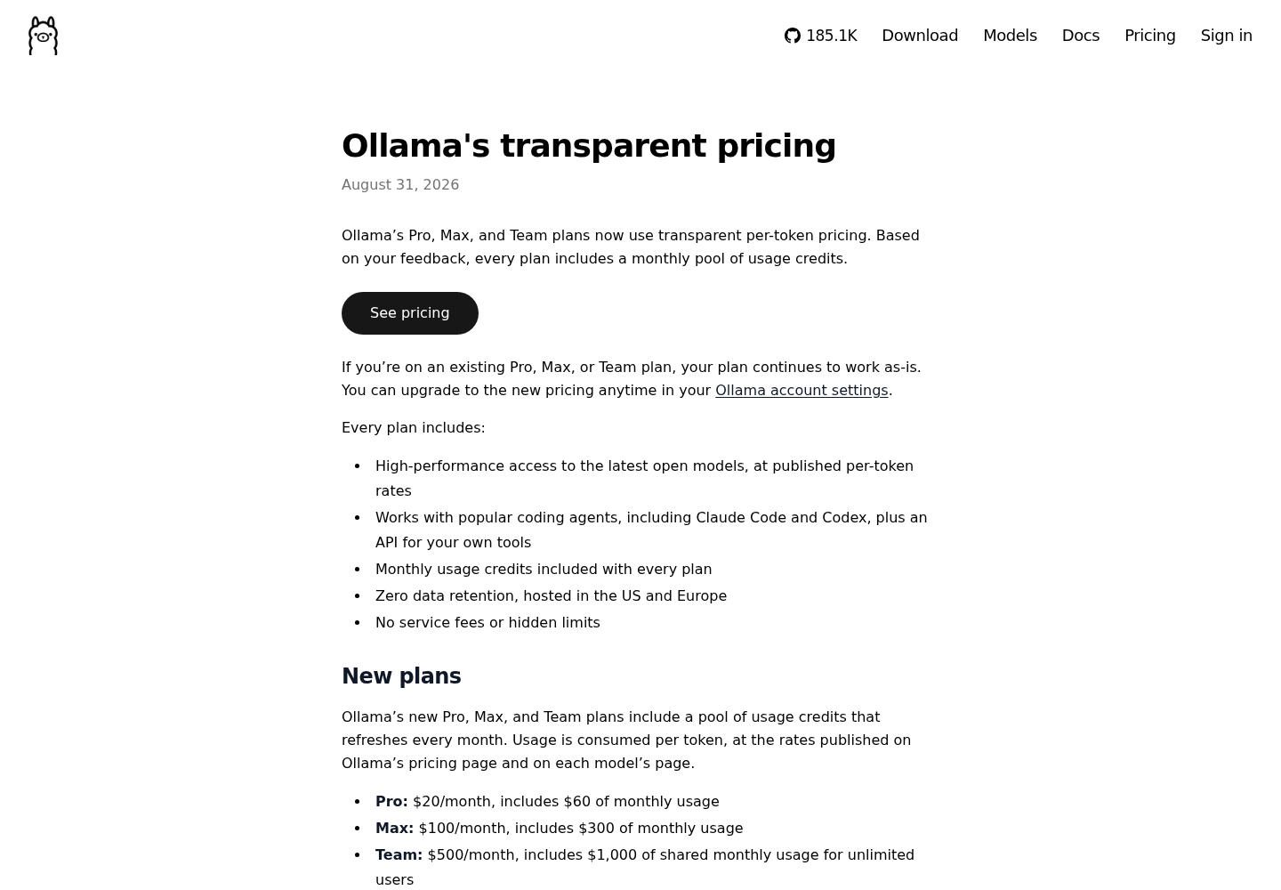 Ollama blog post titled Ollama's transparent pricing, dated August 31, 2026, with its opening text about per-token pricing and monthly usage credits for Pro, Max and Team plans.